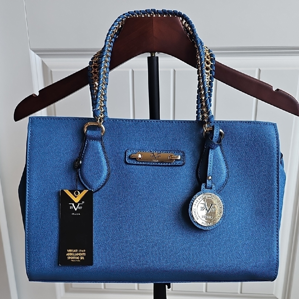 NWT Versace 19v69 Italia Electric Blue Satchel Bag With Crossbody Strap - Picture 4 of 12
